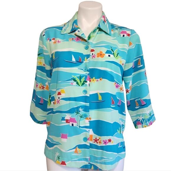 Vintage Draper's & Damon's blue tropical sailboat top - Picture 1 of 5